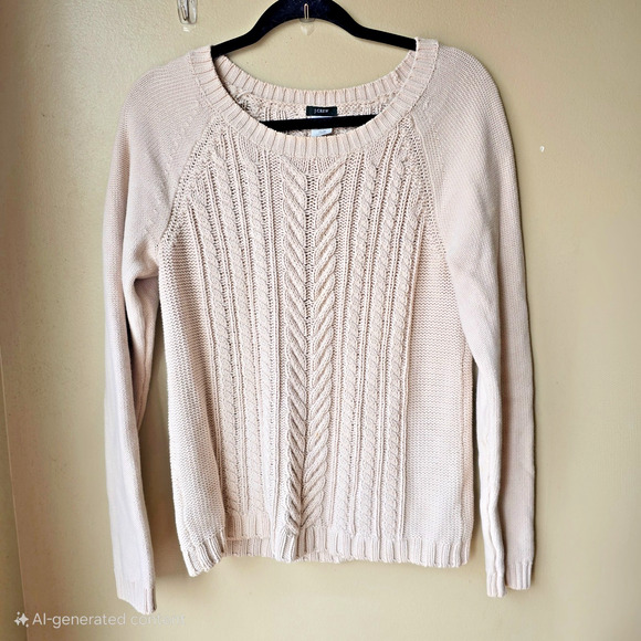 J. Crew Cream Fisherman Sweater Size M Cable Knit Cotton Crewneck - Picture 1 of 7